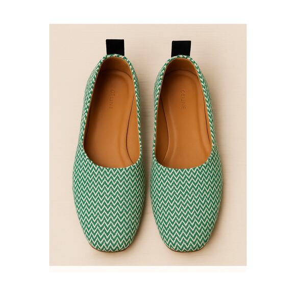 Céline Green White Zigzag Flats – Leather Lined, Size 10.5-11 - Picture 1 of 6